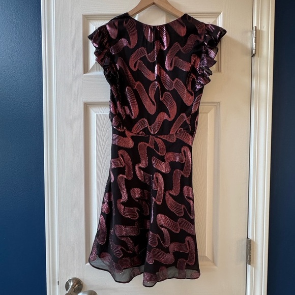 Rebecca TAYLOR SILK FAUX WRAP SLEEVELESS METALLIC LUREX JACQUARD MINI nwot - Picture 5 of 8